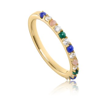 Royal Ring  i 18 karat guldbelagt sølv med Malakit, pink opal, lapis lazuli og zirkonia