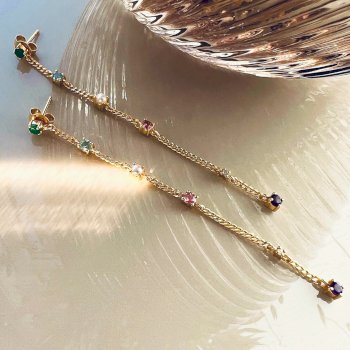 Glow  kæde øreringe i 18 karat guldbelagt sølv med ametyst, blå topas, diamant, smaragd, ferskvandsp...