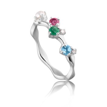 Glow sølv ring med blå topas, diamant, smaragd, ferskvandsperle og pink turmalin