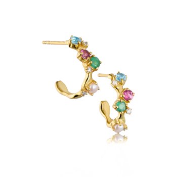 Glow øreringe i 18 karat guldbelagt sølv med blå topas, diamant, smaragd, ferskvandsperle og pink tu...