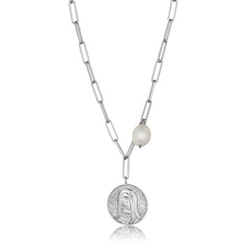 MOM link kæde i sølv med ferskvandsperle og mønt